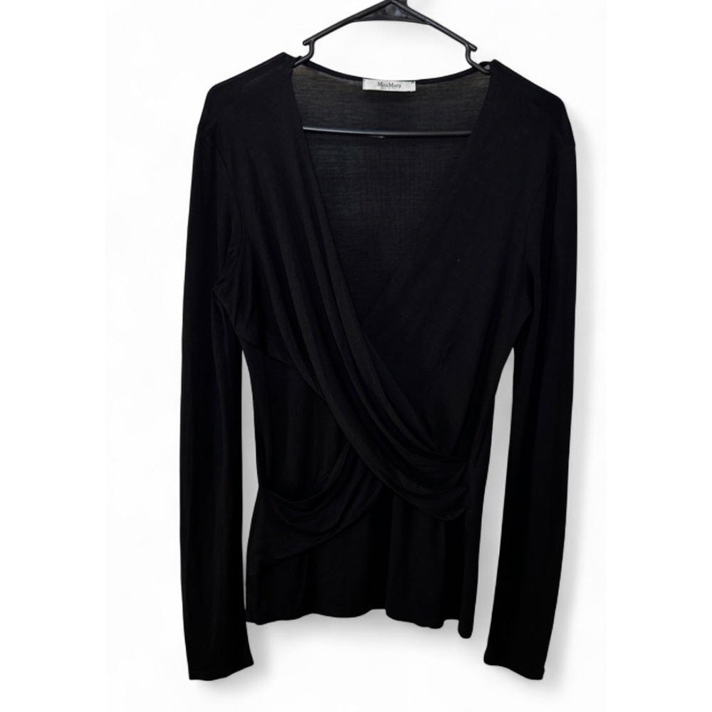 Max Mara Black Draped Wrap V-Neck Long Sleeve Top Made in Italy Women's